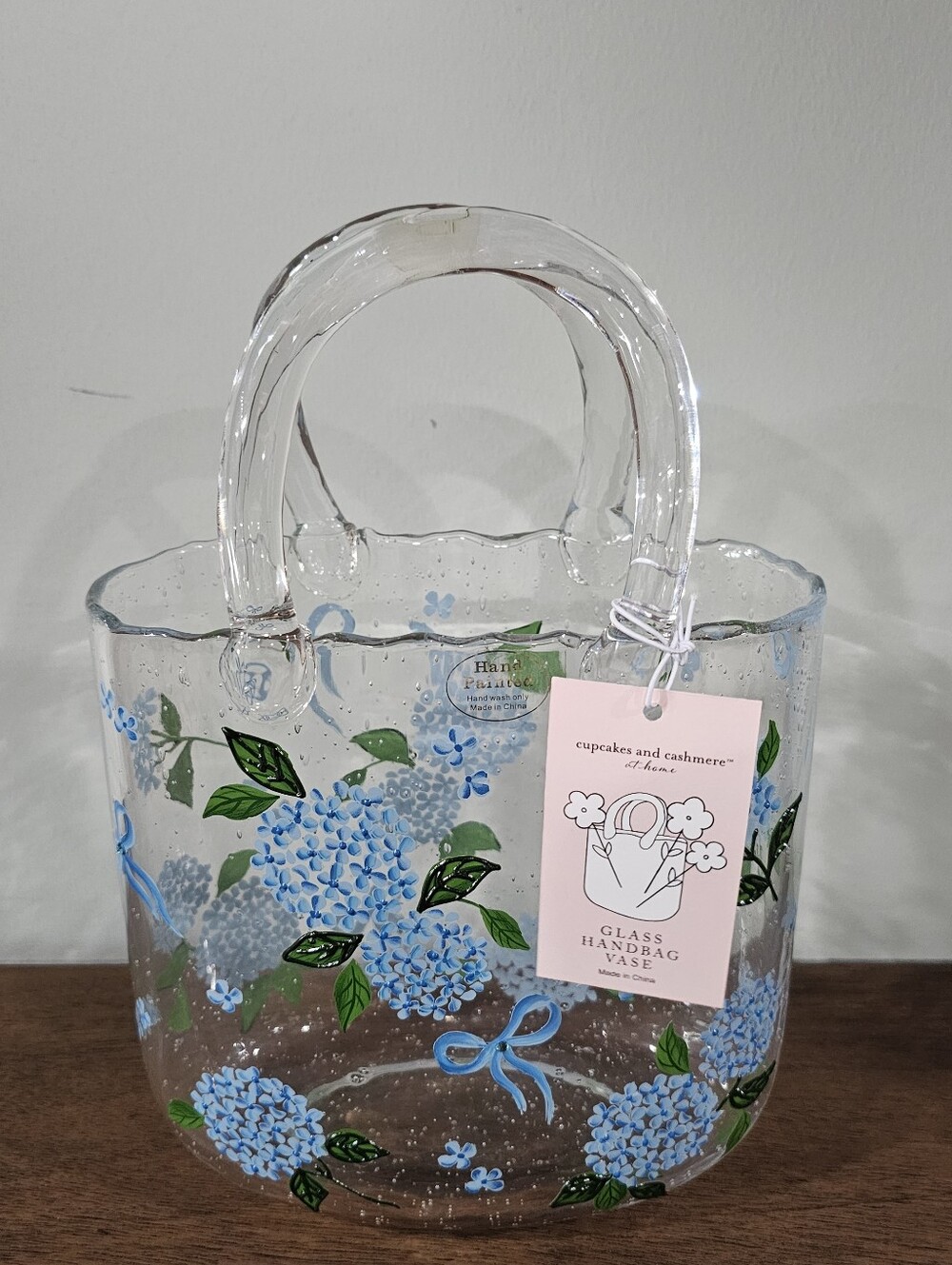 Cupcakes and Cashmere Clear Handbag Vase Glass Blue Floral